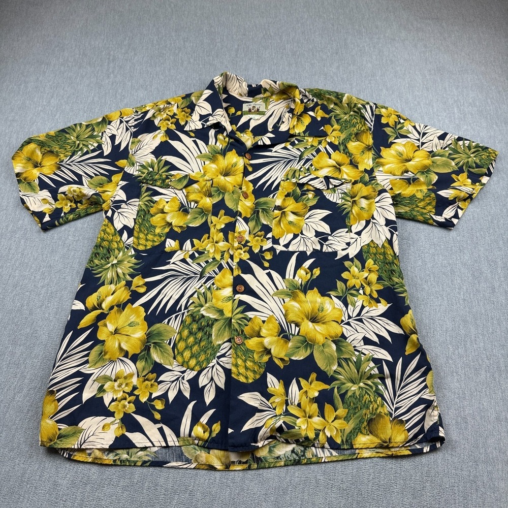 Vintage Reyn Spooner Mens Shirt Large Blue Yellow Pineapple Loop Collar Hawaiian